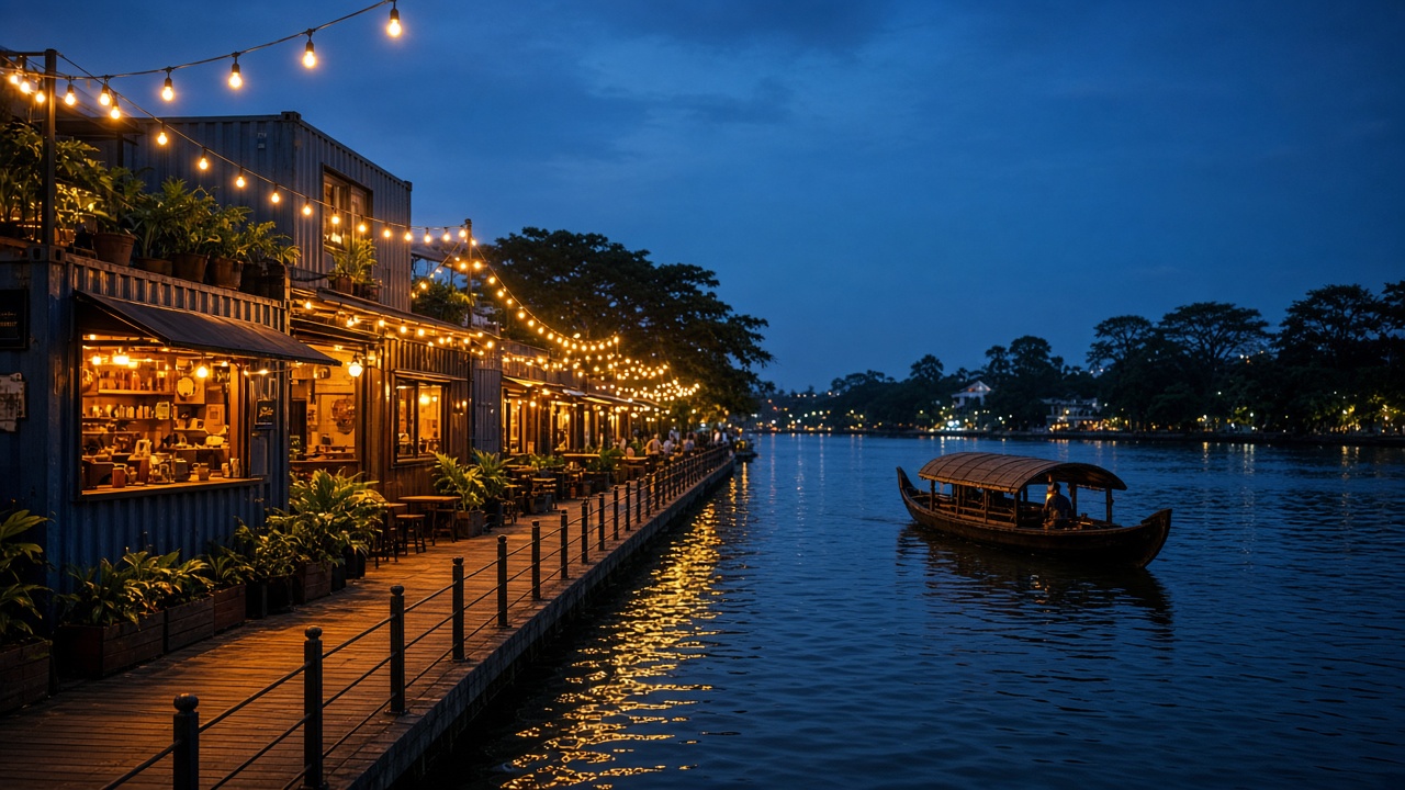Canal-side dining destination at dusk, CG Canal District, Calicut